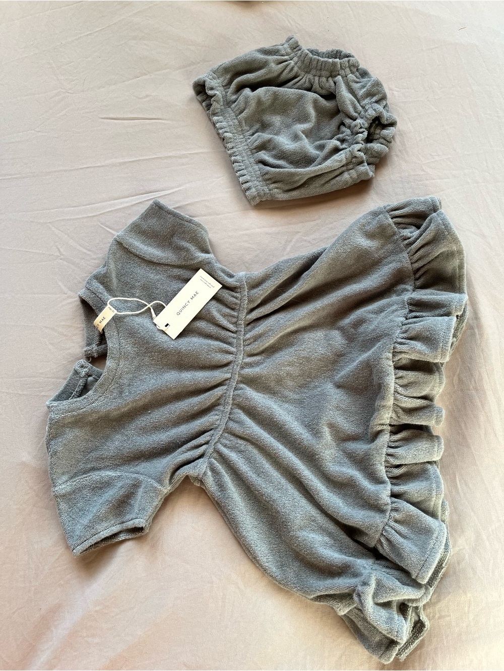 Quincy Mae Gray Terry Cloth Ruffle Dress with Matching Bloomer